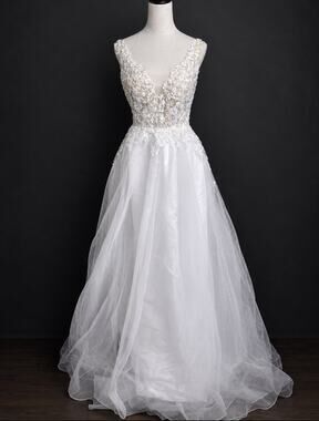 LOYELOY White Lace Applique V Neck Slit Tulle Boho Wedding Dress Bridal Gown 8